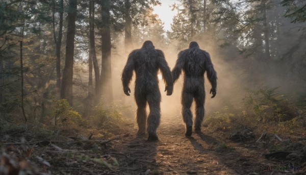 standing,male focus,outdoors,multiple boys,day,2boys,from behind,blurry,tree,no humans,muscular,sunlight,muscular male,nature,scenery,forest,walking,monster,light rays,rock,nude,looking at another,colored skin,holding hands,ruins,alien