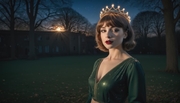 1girl,solo,breasts,looking at viewer,short hair,bangs,brown hair,dress,cleavage,brown eyes,medium breasts,collarbone,upper body,small breasts,outdoors,parted lips,sky,tree,lips,makeup,night,grass,tiara,crown,lipstick,building,star (sky),night sky,starry sky,green dress,green shirt,red lips,teeth,crop top,scenery,realistic