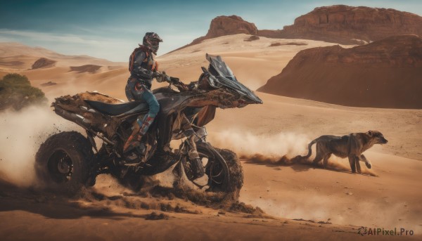 1girl,solo,gloves,1boy,jacket,male focus,boots,outdoors,sky,day,pants,bodysuit,animal,helmet,ground vehicle,motor vehicle,smoke,science fiction,dog,sand,riding,motorcycle,desert,dust,motorcycle helmet,on motorcycle,short hair,from side,blue sky,black jacket,mask,denim,jeans,realistic,leather jacket,biker clothes,dust cloud