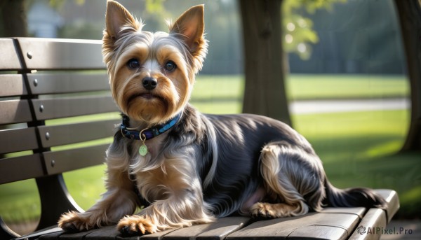 HQ,solo,looking at viewer,blue eyes,closed mouth,outdoors,day,blurry,collar,tree,book,no humans,depth of field,blurry background,animal,grass,dog,realistic,bench,animal focus,park bench,on stomach,animal collar