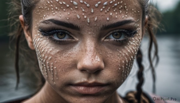 1girl,solo,looking at viewer,brown hair,1boy,brown eyes,closed mouth,braid,male focus,dark skin,blurry,lips,eyelashes,depth of field,blurry background,portrait,close-up,freckles,realistic,smile,black hair,yellow eyes,twin braids