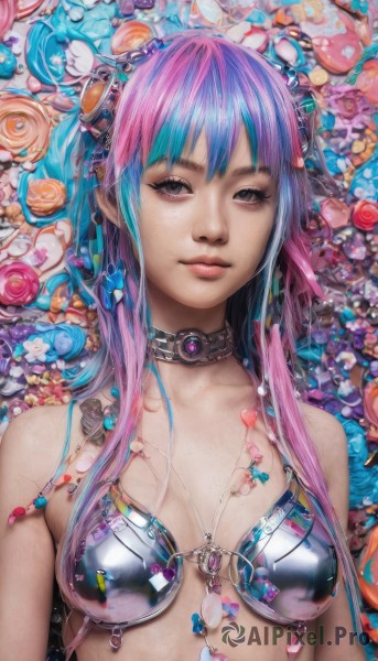 1girl,solo,long hair,breasts,looking at viewer,bangs,jewelry,medium breasts,blue hair,swimsuit,upper body,pink hair,flower,bikini,multicolored hair,choker,black eyes,two-tone hair,lips,grey eyes,aqua hair,gem,bikini top only,freckles,realistic,bare shoulders,closed mouth,purple hair,lying,artist name,on back,water,nail polish,petals,eyelashes,gradient hair,watermark,cable