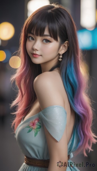 1girl,solo,long hair,breasts,looking at viewer,smile,bangs,black hair,dress,bare shoulders,brown eyes,jewelry,medium breasts,closed mouth,upper body,pink hair,multicolored hair,earrings,artist name,off shoulder,blurry,from side,two-tone hair,lips,looking to the side,strapless,gradient hair,makeup,depth of field,blurry background,blue dress,watermark,floral print,strapless dress,realistic,nose,bokeh,blue hair,blunt bangs,eyelashes,lipstick,off-shoulder dress