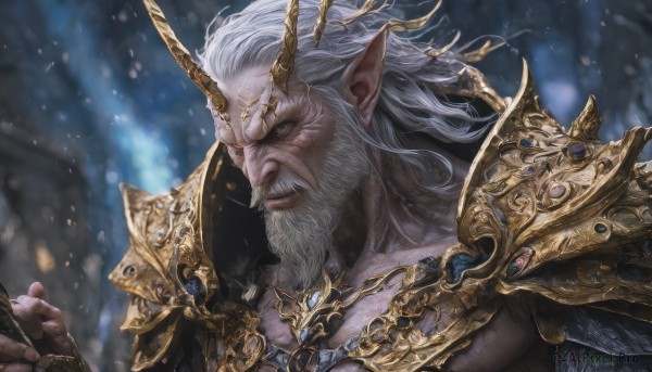 solo,long hair,looking at viewer,blue eyes,gloves,1boy,holding,closed mouth,upper body,white hair,male focus,horns,pointy ears,signature,fingerless gloves,armor,blurry,muscular,blurry background,facial hair,pectorals,muscular male,elf,shoulder armor,portrait,beard,pauldrons,snowing,mature male,realistic,mustache,manly,old,old man,outdoors,artist name,dated,single horn,snow,close-up,fantasy