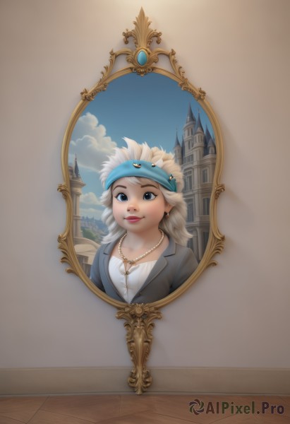 1girl,solo,long hair,looking at viewer,smile,blue eyes,shirt,jewelry,white shirt,white hair,grey hair,earrings,sky,day,cloud,necklace,blue sky,lips,makeup,headband,formal,suit,building,pendant,reflection,mirror,castle,lipstick