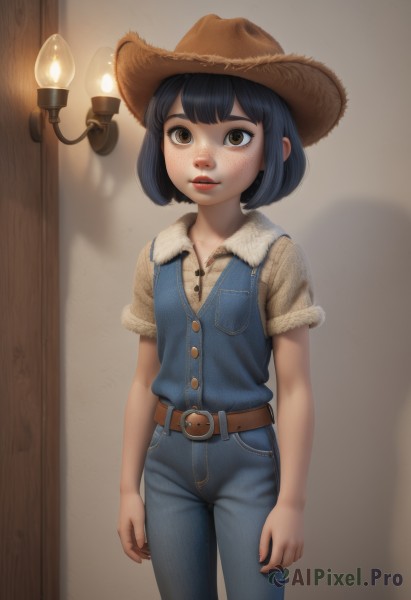 1girl,solo,looking at viewer,short hair,bangs,shirt,black hair,hat,brown eyes,standing,short sleeves,cowboy shot,parted lips,belt,pants,indoors,lips,fur trim,buttons,shadow,bob cut,denim,freckles,jeans,arms at sides,brown headwear,straw hat,brown belt,overalls,brown shirt,cowboy hat,blue hair,vest,realistic,red lips,candle