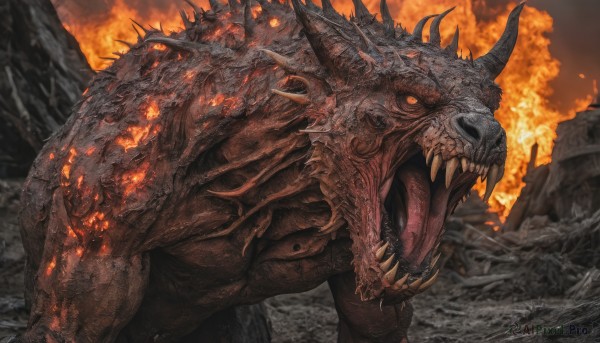 solo,open mouth,outdoors,horns,teeth,orange eyes,no humans,glowing,fangs,fire,sharp teeth,glowing eyes,spikes,monster,rock,dragon,scales,breathing fire,molten rock,kaijuu,tongue