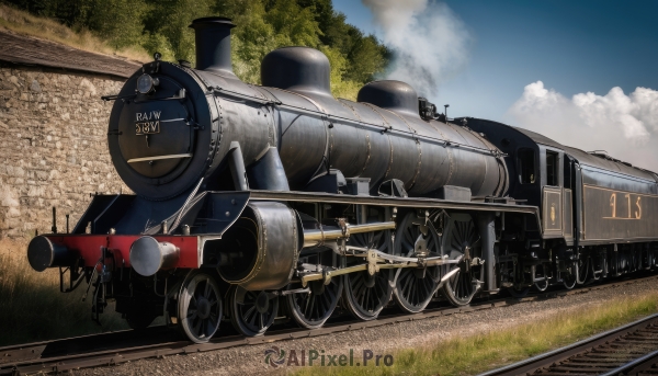 weapon,outdoors,multiple boys,sky,day,cloud,tree,gun,military,no humans,grass,ground vehicle,motor vehicle,smoke,realistic,cannon,military vehicle,tank,vehicle focus,machine gun,caterpillar tracks,world war ii,railroad tracks,blue sky,cloudy sky,train