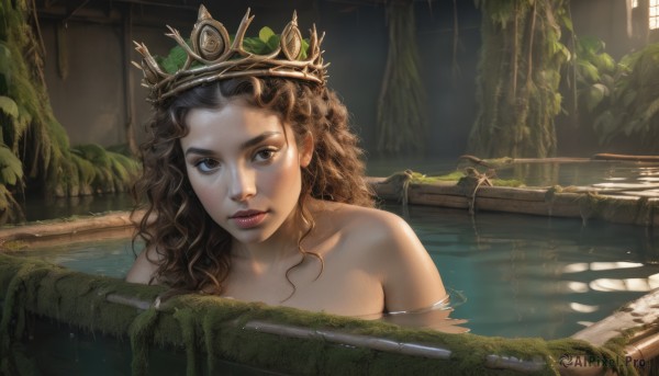 1girl,solo,long hair,looking at viewer,brown hair,brown eyes,closed mouth,collarbone,nude,water,lips,wet,wavy hair,crown,plant,partially submerged,curly hair,realistic,nose,bathing,bath,vines,bathtub,lily pad,blush,black hair,leaf,sunlight,nature,moss,overgrown,ivy