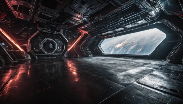 signature,no humans,robot,scenery,mecha,reflection,science fiction,realistic,space,planet,earth (planet),spacecraft,cockpit,solo,from side,window,glowing