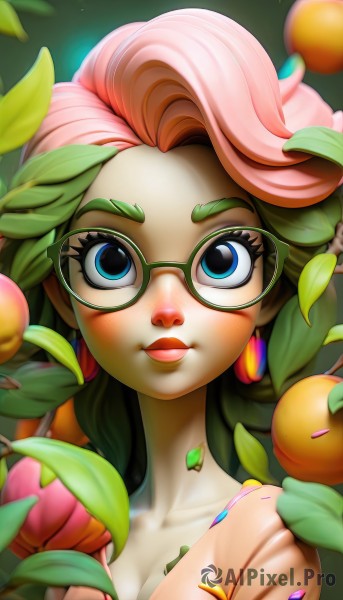 1girl,solo,long hair,breasts,looking at viewer,smile,open mouth,blue eyes,cleavage,jewelry,medium breasts,collarbone,upper body,pink hair,flower,multicolored hair,earrings,parted lips,food,green hair,glasses,artist name,blurry,two-tone hair,lips,eyelashes,makeup,fruit,colored skin,leaf,watermark,plant,lipstick,portrait,eyeshadow,freckles,nose,round eyewear,green-framed eyewear,plant girl,closed mouth,depth of field,monster girl,semi-rimless eyewear,web address,over-rim eyewear