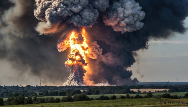 outdoors,sky,day,cloud,tree,no humans,glowing,cloudy sky,grass,fire,building,nature,scenery,smoke,monster,giant,explosion,burning,destruction