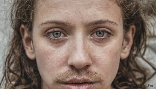 solo,long hair,looking at viewer,brown hair,1boy,brown eyes,male focus,lips,eyelashes,facial hair,portrait,beard,close-up,realistic,nose,mustache,eye focus,1girl,smile,green eyes,messy hair,freckles