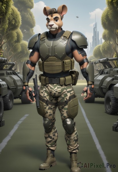 solo,looking at viewer,smile,short hair,blue eyes,brown hair,shirt,gloves,1boy,holding,animal ears,standing,full body,weapon,male focus,boots,outdoors,sky,day,pants,cloud,fingerless gloves,holding weapon,armor,tree,gun,military,military uniform,muscular,facial hair,muscular male,ground vehicle,holding gun,bara,motor vehicle,furry,handgun,aircraft,mouse ears,military vehicle,furry male,knee pads,tank,camouflage,elbow pads,helicopter,camouflage pants,body armor,open mouth,belt,uniform,vest,shoulder armor,building,rifle,city,car,shoulder pads,combat boots