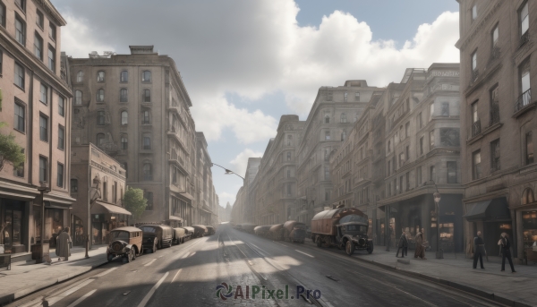 outdoors,multiple boys,sky,day,cloud,tree,blue sky,window,cloudy sky,ground vehicle,building,scenery,motor vehicle,6+boys,city,sign,car,road,lamppost,street,traffic light,truck,people,pavement,crosswalk,bus,vanishing point,sidewalk,multiple girls,sunlight