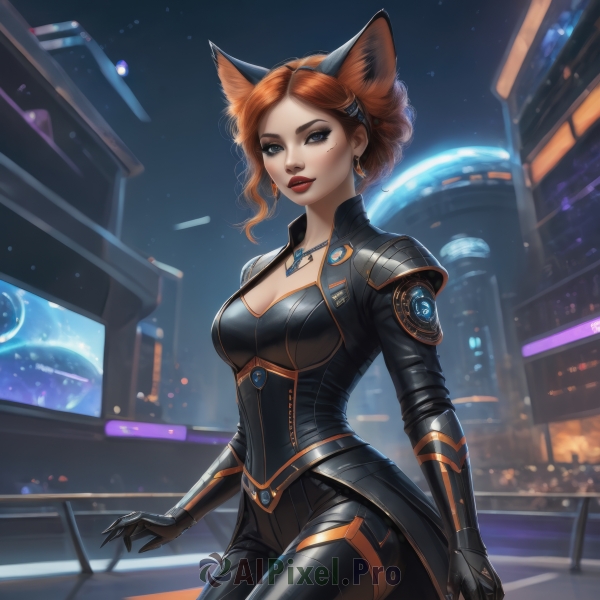 1girl,solo,breasts,looking at viewer,short hair,blue eyes,brown hair,hair ornament,gloves,animal ears,cleavage,jewelry,medium breasts,cowboy shot,earrings,parted lips,black gloves,artist name,cat ears,necklace,orange hair,mole,lips,fox ears,mole under eye,bodysuit,makeup,night,lipstick,freckles,science fiction,black bodysuit,red lips,standing,red hair,outdoors,alternate costume,armor,alternate hairstyle,fake animal ears,night sky,curly hair,city,realistic,city lights