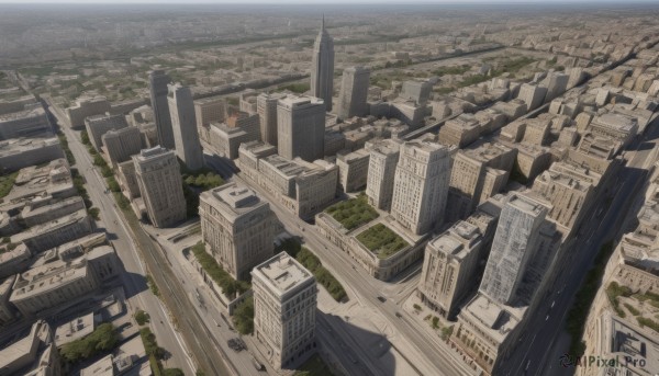 outdoors,tree,dutch angle,no humans,from above,building,scenery,city,cityscape,ruins,river,landscape,sky,day,water,ocean,horizon,road,skyscraper,shore