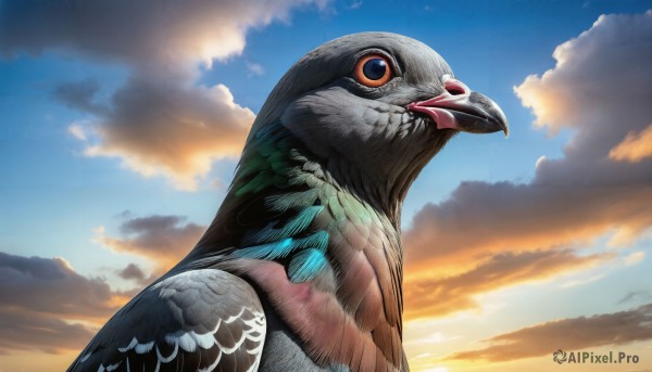 HQ,solo,closed mouth,upper body,outdoors,sky,cloud,orange eyes,no humans,bird,animal,cloudy sky,looking up,sunset,realistic,animal focus,beak,day,blue sky,feathers,scenery,sun