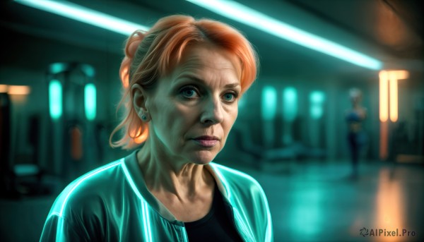 HQ,1girl,looking at viewer,short hair,blue eyes,multiple girls,shirt,2girls,jewelry,jacket,upper body,ponytail,earrings,solo focus,indoors,hair bun,orange hair,blurry,lips,depth of field,blurry background,parody,realistic,nose,stud earrings,old,old woman,solo,blonde hair,makeup,single hair bun,lipstick,neon lights