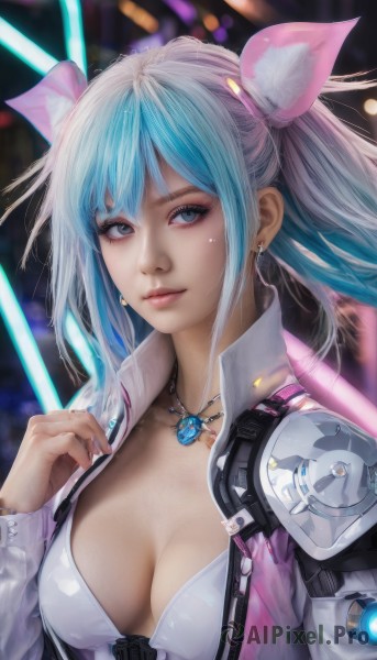 1girl,solo,long hair,breasts,looking at viewer,bangs,blue eyes,hair ornament,long sleeves,ribbon,cleavage,twintails,jewelry,medium breasts,closed mouth,underwear,blue hair,collarbone,jacket,hair ribbon,upper body,sidelocks,multicolored hair,earrings,open clothes,hand up,necklace,nail polish,bra,blurry,open jacket,lips,fingernails,eyelashes,makeup,blurry background,pendant,realistic,nose,artist name,science fiction