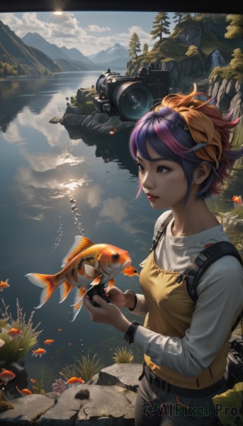 1girl,solo,breasts,short hair,brown hair,shirt,hair ornament,long sleeves,holding,brown eyes,standing,white shirt,purple hair,multicolored hair,small breasts,outdoors,parted lips,sky,day,hairclip,pants,cloud,water,bag,two-tone hair,tree,lips,ocean,animal,black pants,sunlight,backpack,plant,scenery,reflection,fish,science fiction,bubble,watch,rock,mountain,nose,camera,wristwatch,holding animal,river,landscape,lake,holding camera,goldfish,pond,aquarium,belt,nail polish,robot,letterboxed,underwater,realistic,sun