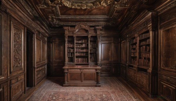 indoors,book,no humans,window,chair,table,scenery,wooden floor,stairs,door,bookshelf,shelf,library,carpet,chandelier,signature,rug