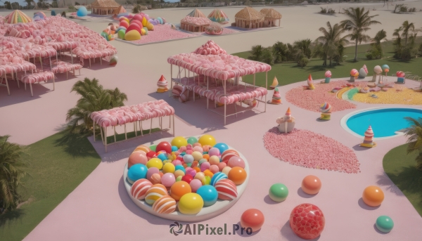 outdoors,food,day,water,tree,no humans,fruit,shadow,umbrella,chair,beach,table,grass,scenery,ball,ice cream,fence,sand,palm tree,pool,bush,bird,plant,cake,balloon,beach umbrella,boat,food focus,lounge chair,beach chair,park,traffic cone