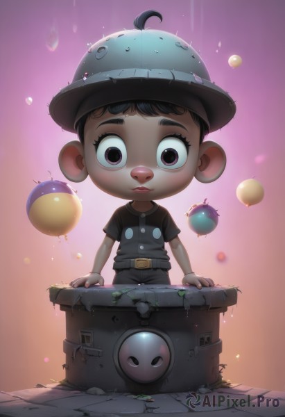 solo,looking at viewer,short hair,shirt,black hair,1boy,hat,closed mouth,standing,full body,ahoge,short sleeves,male focus,belt,pants,artist name,black eyes,black shirt,child,male child,1girl,helmet,t-shirt,backlighting,balloon