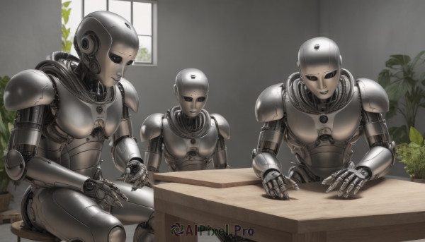 smile,sitting,multiple boys,indoors,armor,no humans,window,table,plant,robot,science fiction,android,potted plant,joints,robot joints,humanoid robot,looking at viewer,multiple girls,3girls,black eyes,leaf,shoulder armor,pauldrons,bald,power armor