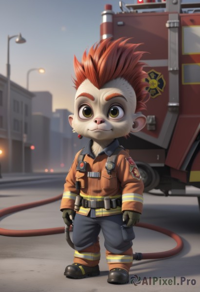 solo,looking at viewer,smile,short hair,gloves,long sleeves,1boy,holding,brown eyes,closed mouth,standing,jacket,full body,male focus,red hair,earrings,boots,outdoors,sky,black gloves,belt,pants,chibi,blurry,blurry background,thick eyebrows,spiked hair,ground vehicle,building,furry,furry male,lamppost,mohawk,patch,jewelry,green eyes,tail,yellow eyes,artist name,fingerless gloves,colored skin,motor vehicle,monkey tail,tire