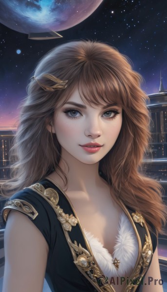 A female surrounded by a lush night sky