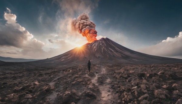 1boy, standing, outdoors, sky, cloud, cloudy sky, scenery, rock, mountain, sun, molten rock