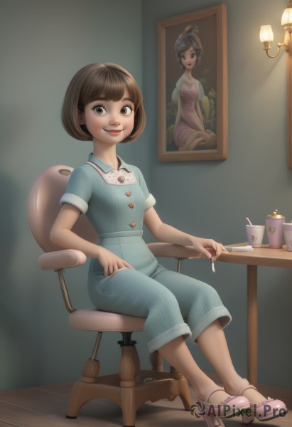 1girl,solo,breasts,looking at viewer,smile,short hair,bangs,brown hair,shirt,dress,holding,brown eyes,sitting,full body,short sleeves,shoes,indoors,blunt bangs,high heels,cup,lips,makeup,buttons,chair,table,bob cut,lipstick,child,drinking straw,pink footwear,female child,lamp,overalls,pencil,on chair,drawing,pants,nail polish,blue dress,cigarette