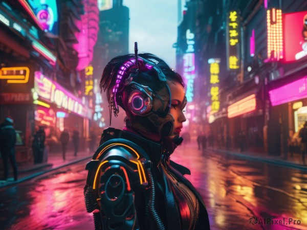 A stunning view of a cyborg in rainy outdoors