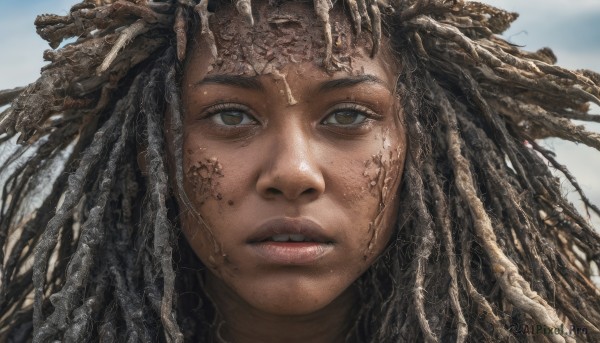 1girl,solo,long hair,looking at viewer,brown hair,black hair,brown eyes,outdoors,parted lips,sky,teeth,day,dark skin,blurry,dark-skinned female,blue sky,lips,blurry background,portrait,freckles,realistic,nose,dirty,dreadlocks,close-up