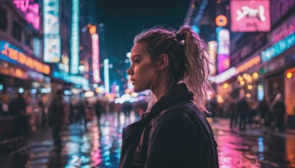 1girl, solo, brown hair, jacket, upper body, ponytail, outdoors, blurry, from side, profile, night, depth of field, blurry background, city, realistic, city lights, neon lights