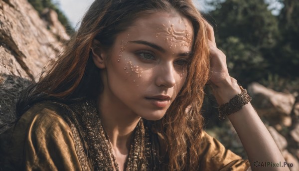 1girl,solo,long hair,brown hair,brown eyes,jewelry,closed mouth,upper body,outdoors,parted lips,day,hand up,blurry,bracelet,tree,lips,grey eyes,depth of field,blurry background,facial mark,portrait,freckles,realistic,nose,black hair,eyelashes,watch,rock,wristwatch,hand on own head