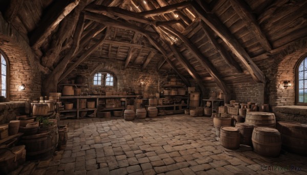 day,indoors,no humans,window,chair,table,sunlight,plant,scenery,lantern,wooden floor,stairs,door,bookshelf,potted plant,lamp,brick wall,shelf,arch,barrel,stone floor,crate,brick,tree,book,fantasy,candle,chandelier