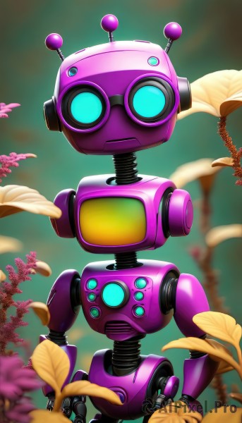 solo,looking at viewer,blue eyes,standing,flower,blurry,no humans,blurry background,leaf,robot,mecha,science fiction,straight-on,humanoid robot,upper body,depth of field,feathers,hands on hips,non-humanoid robot,mechanization