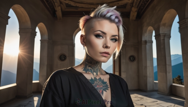 1girl,solo,breasts,looking at viewer,short hair,blue eyes,blonde hair,cleavage,jewelry,collarbone,upper body,white hair,grey hair,multicolored hair,earrings,outdoors,day,two-tone hair,lips,grey eyes,tattoo,makeup,piercing,sunlight,nose,sun,undercut,pillar,neck tattoo,medium breasts,eyelashes,ear piercing,portrait,eyeshadow,eyebrow piercing