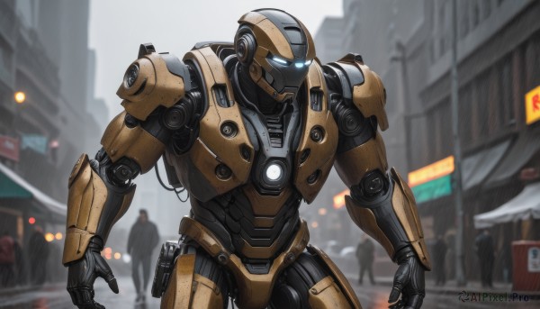 solo,blue eyes,1boy,standing,male focus,outdoors,multiple boys,solo focus,armor,blurry,blurry background,glowing,robot,building,mecha,glowing eyes,1other,science fiction,city,realistic,cable,police,open hands,power armor,humanoid robot,traffic light,rain,road,multiple others,street,cyberpunk