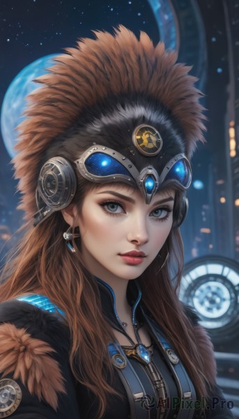 1girl,solo,long hair,looking at viewer,blue eyes,brown hair,hat,jewelry,closed mouth,upper body,earrings,necklace,blurry,lips,fur trim,eyelashes,makeup,night,moon,lipstick,goggles,gem,star (sky),zipper,goggles on head,realistic,nose,headdress,red lips,space,planet,sky,artist name,headgear,feathers,portrait,night sky,web address,full moon,starry sky,headpiece