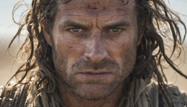 solo,long hair,looking at viewer,brown hair,black hair,1boy,closed mouth,male focus,facial hair,messy hair,portrait,beard,close-up,realistic,mustache,stubble,manly,green eyes,lips,serious