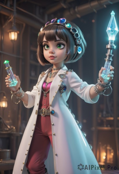 1girl,solo,smile,short hair,bangs,brown hair,black hair,holding,jewelry,closed mouth,green eyes,standing,hairband,small breasts,boots,open clothes,choker,belt,pants,artist name,indoors,signature,blunt bangs,necklace,nail polish,mole,blurry,bracelet,lips,coat,makeup,depth of field,blurry background,watermark,bob cut,tiara,lipstick,gem,web address,freckles,beads,open coat,crystal,labcoat,white coat,red lips,red pants,bead bracelet,test tube,flask,vial,potion,breasts,cleavage,midriff,lamp