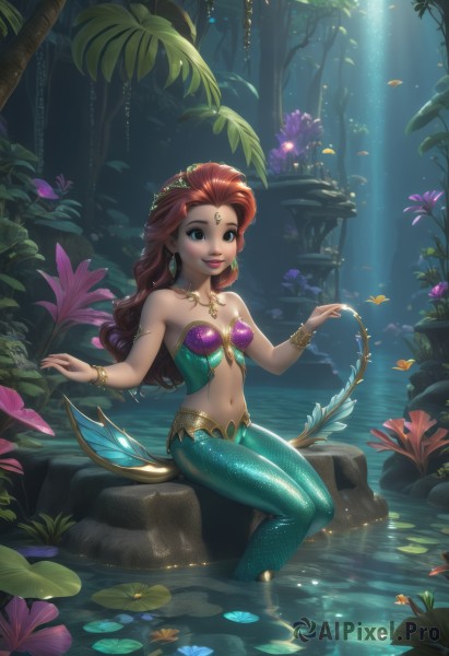 1girl,solo,long hair,breasts,looking at viewer,smile,blue eyes,brown hair,hair ornament,navel,bare shoulders,jewelry,sitting,collarbone,flower,red hair,earrings,small breasts,outdoors,parted lips,midriff,artist name,water,necklace,bracelet,tree,lips,strapless,leaf,sunlight,plant,monster girl,nature,armlet,forest,fish,circlet,light rays,rock,red lips,mermaid,sunbeam,soaking feet,shell,lily pad,shell bikini,sitting on rock,swimsuit,full body,bikini,dark skin,dark-skinned female,makeup,lipstick,bikini top only,eyeshadow,underwater,eyeliner,scales,forehead jewel,mascara