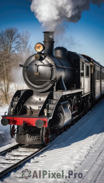 outdoors,multiple boys,sky,day,cloud,tree,blue sky,military,no humans,ground vehicle,motor vehicle,snow,smoke,realistic,aircraft,military vehicle,airplane,tank,winter,vehicle focus,caterpillar tracks,weapon,turret,cannon,bare tree,damaged,wheel,tire