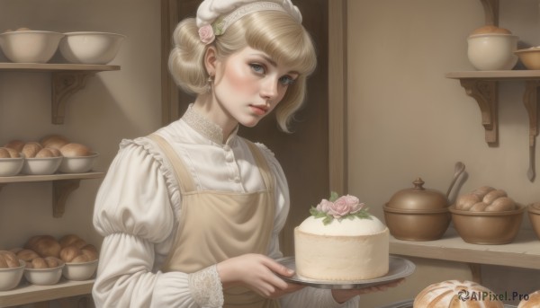 1girl,solo,looking at viewer,short hair,bangs,blue eyes,blonde hair,hair ornament,long sleeves,hat,dress,holding,jewelry,upper body,flower,earrings,food,puffy sleeves,indoors,hair flower,hair bun,apron,lips,rose,single hair bun,juliet sleeves,pink flower,plate,tray,cake,realistic,nose,teapot,bread,pastry,tiered tray,closed mouth,hairband,white dress,lace trim,lace,puffy long sleeves,bowl,spoon,headdress,pink rose