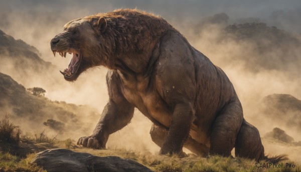 open mouth,outdoors,sky,teeth,cloud,no humans,animal,fangs,cloudy sky,grass,sharp teeth,claws,monster,rock,realistic,giant,bear,solo,from side