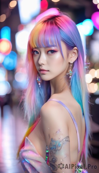 1girl,solo,long hair,breasts,looking at viewer,bangs,dress,bare shoulders,jewelry,medium breasts,closed mouth,blue hair,upper body,pink hair,purple hair,multicolored hair,earrings,looking back,blunt bangs,mole,blurry,black eyes,from side,two-tone hair,lips,eyelashes,tattoo,gradient hair,makeup,depth of field,blurry background,lipstick,gem,eyeshadow,pink lips,backless outfit,realistic,nose,eyeliner,backless dress,bokeh,mascara,rainbow hair,blue eyes,artist name,looking to the side,strapless,watermark,web address,lens flare,mole on neck