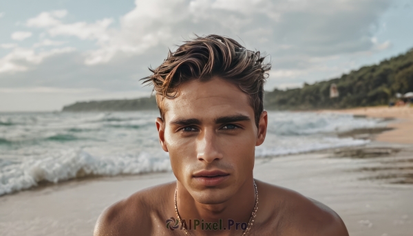 solo,looking at viewer,short hair,brown hair,1boy,brown eyes,jewelry,collarbone,upper body,male focus,outdoors,parted lips,sky,day,cloud,dark skin,water,necklace,blurry,lips,depth of field,blurry background,ocean,beach,dark-skinned male,portrait,motor vehicle,freckles,topless male,realistic,sand,photo background,real life insert,smile,black hair,closed mouth,cloudy sky,undercut